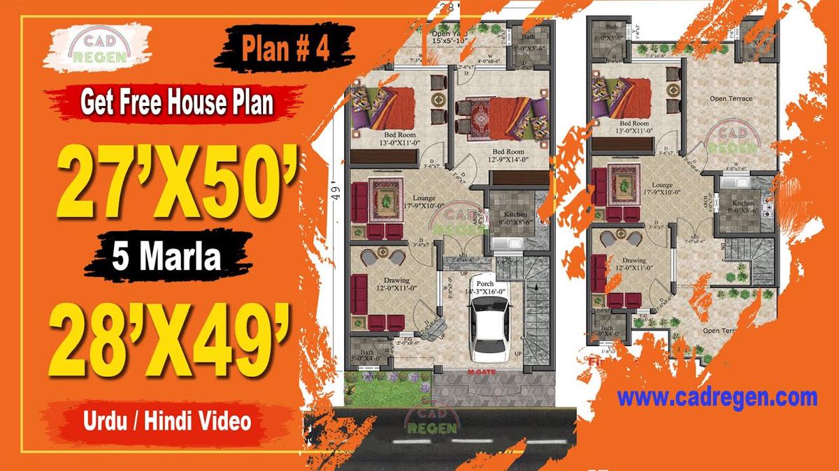 'Video thumbnail for Free House Plan 5 Marla 28 X 49 || 27 X 50 || 3D [New Plan]'
